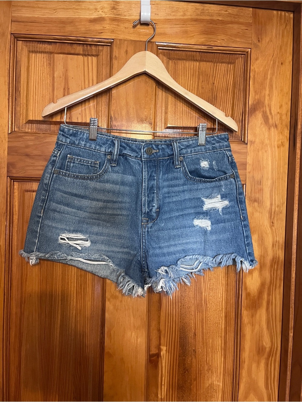 Frayed Hem Distressed Blue Jean Shorts - Women's